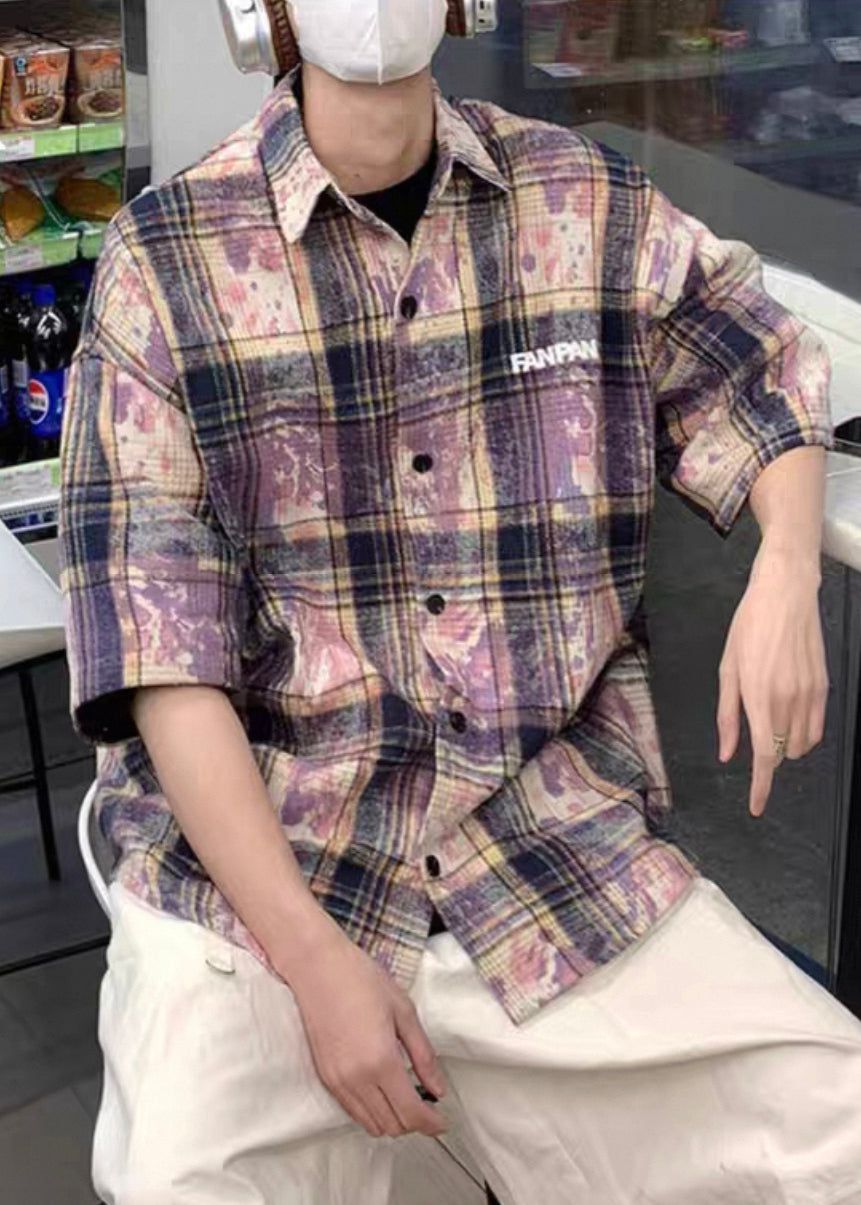 Purple Tie Dye Oversized Cotton Summer Shirts Peter Pan Collar