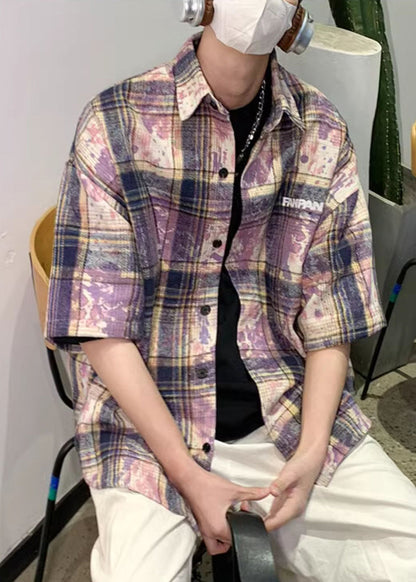Purple Tie Dye Oversized Cotton Summer Shirts Peter Pan Collar