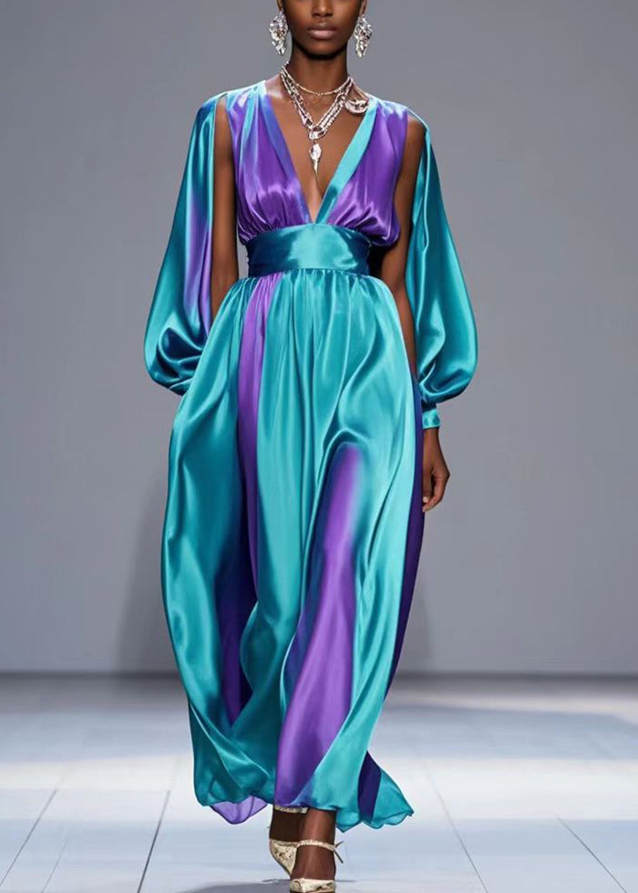 Purple Tie Dye Silk Party Dress V Neck Cinched Spring