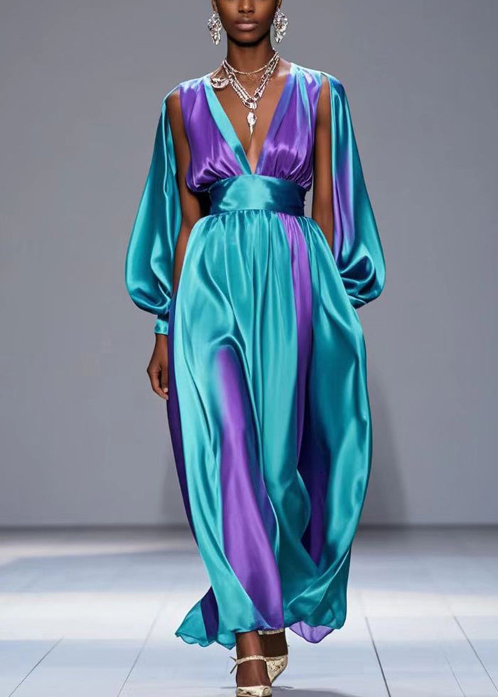 Purple Tie Dye Silk Party Dress V Neck Cinched Spring