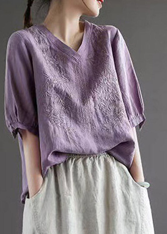 Purple V Neck Embroideried T Shirt Half Sleeve