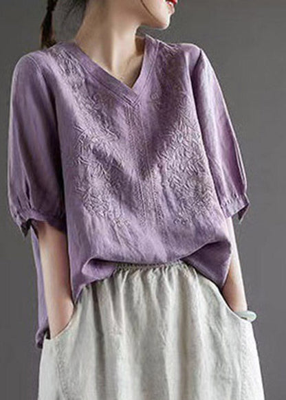 Purple V Neck Embroideried T Shirt Half Sleeve