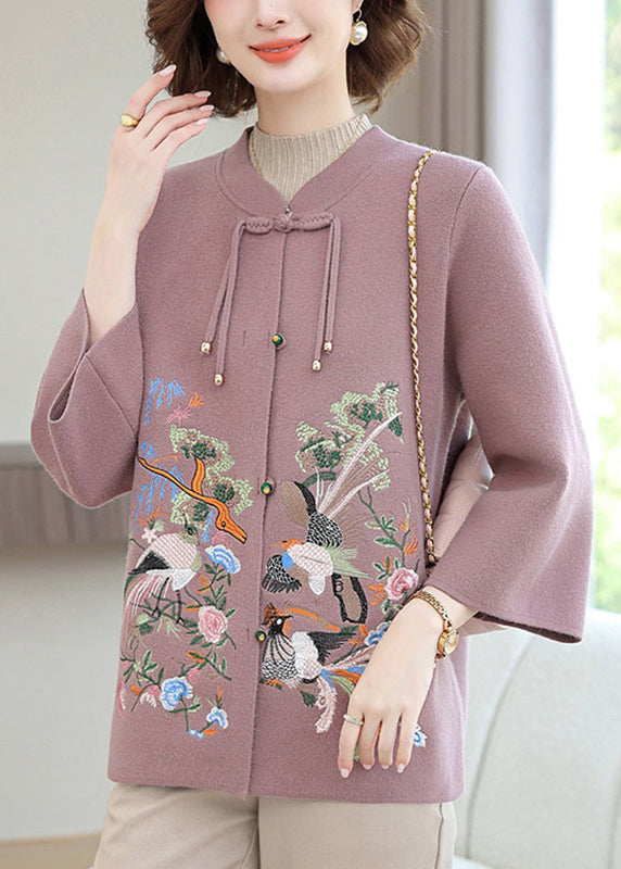 Purple Wool Knit Cardigan Embroidered Long Sleeve