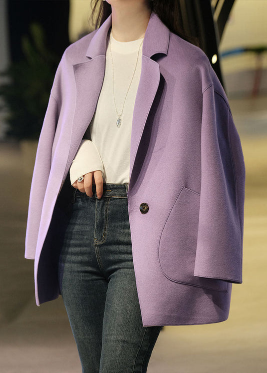 Purple Woolen Loose Coats Notched Collar Winter