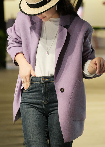Purple Woolen Loose Coats Notched Collar Winter