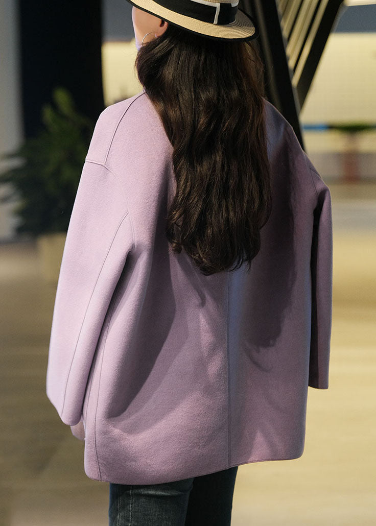 Purple Woolen Loose Coats Notched Collar Winter
