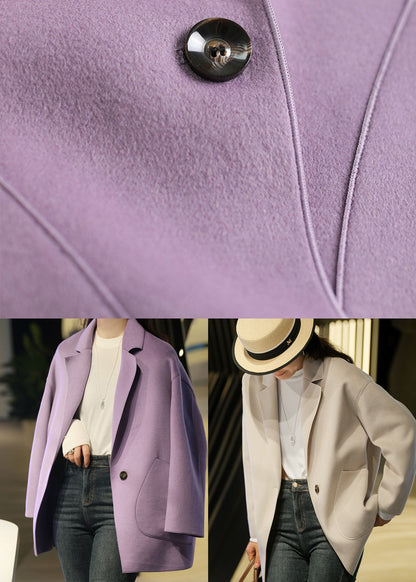 Purple Woolen Loose Coats Notched Collar Winter