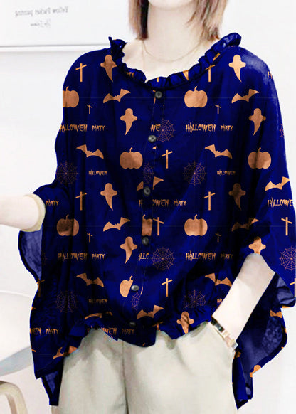 Art Checkered Pumpkin Tops Ruffles Trim Half Sleeve Shirts Blouse