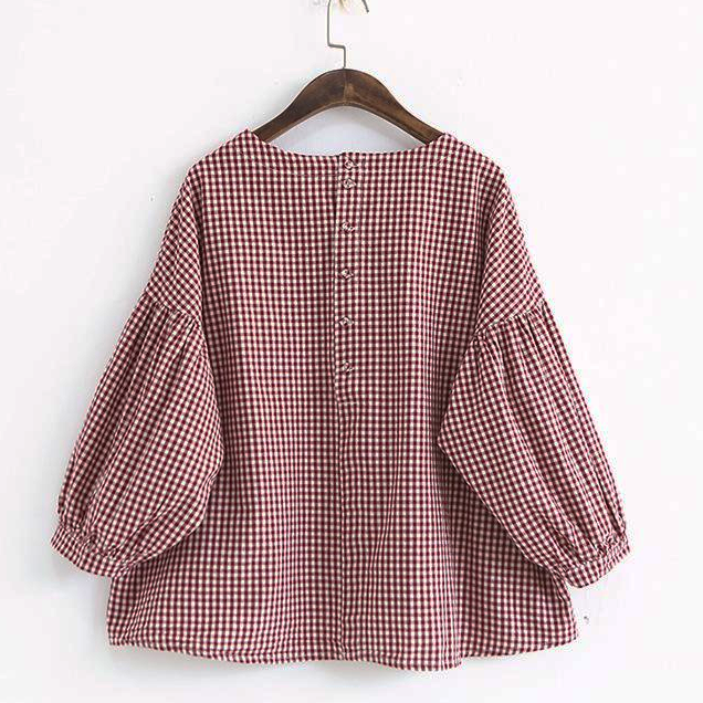 French Blue Plaid Cotton Fine Sewing Asymmetric Clothing Blouse