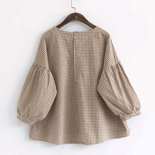French Blue Plaid Cotton Fine Sewing Asymmetric Clothing Blouse