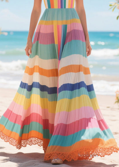 Rainbow Patchwork Lace Cotton Pleated Dresses Exra Large Hem Summer