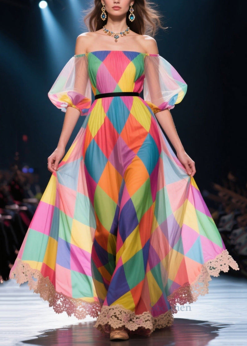 Rainbow Plaid Patchwork Lace Chiffon Ankle Dress Puff Sleeve