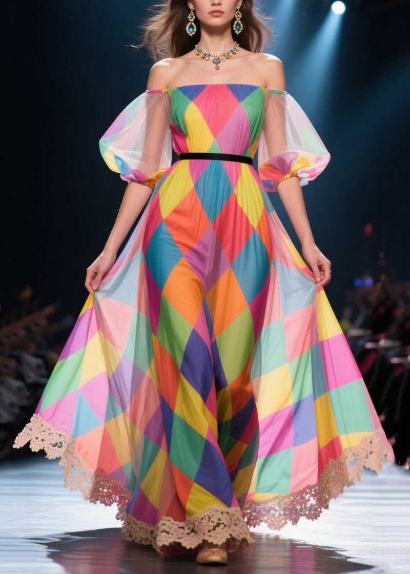 Rainbow Plaid Patchwork Lace Chiffon Ankle Dress Puff Sleeve