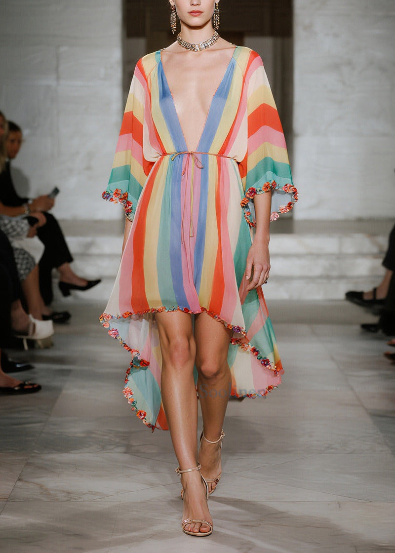Rainbow Striped Chiffon Beach Dress Ruffled Low High Design Summer