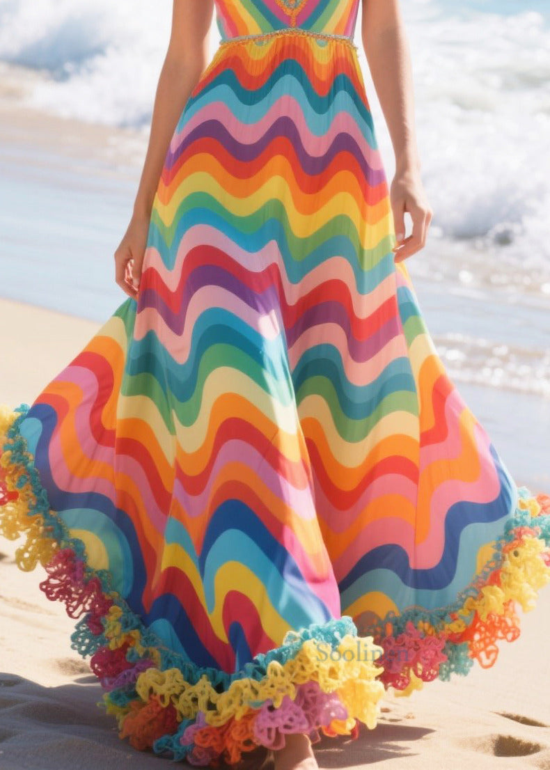 Rainbow Striped Chiffon Mini Dress Ruffled Exra Large Hem Summer