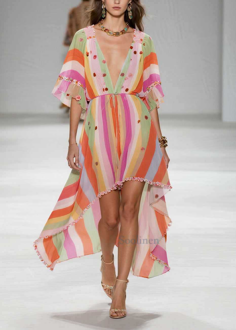 Rainbow Striped Chiffon Party Dress Ruffled Low High Design Summer