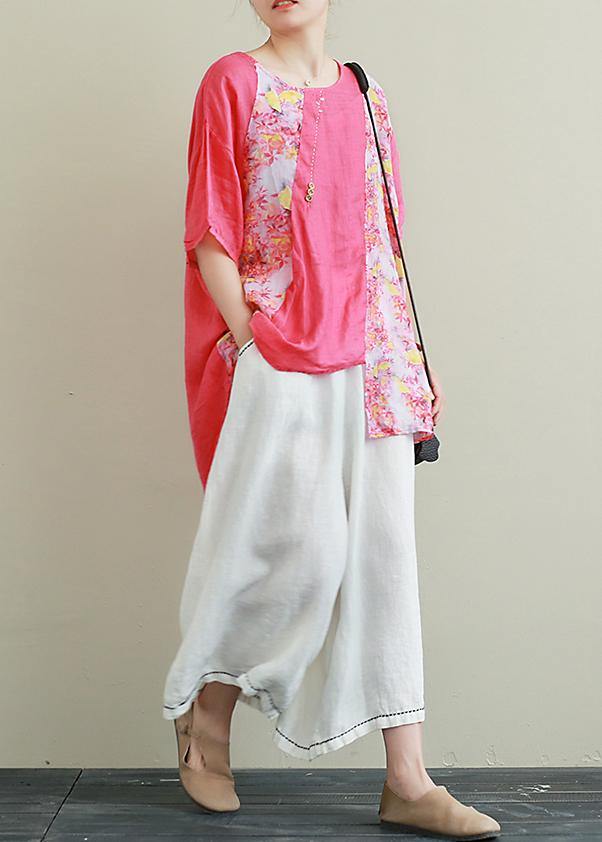 Ramie Red Printed Short-sleeved Suit Large Size Cotton and Linen Wide-leg Pants Two-piece Suit