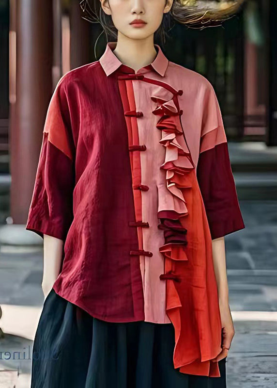 Red Asymmetrical Design Linen Shirts Ruffled Summer