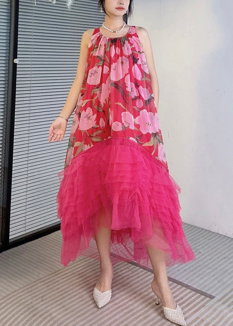 Red Asymmetrical Tulle Patchwork Dresses O-neck Summer