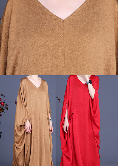 Red Bat Wing Sleeve Silk Maxi Dress V Neck Spring