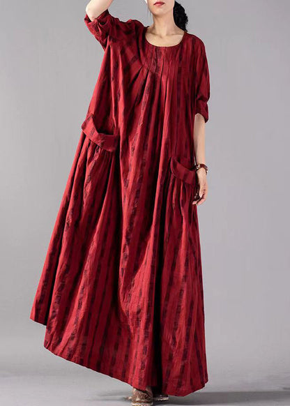 Khaki Geometry Big Pockets Linen Vacation Dresses Wrinkled Long Sleeve