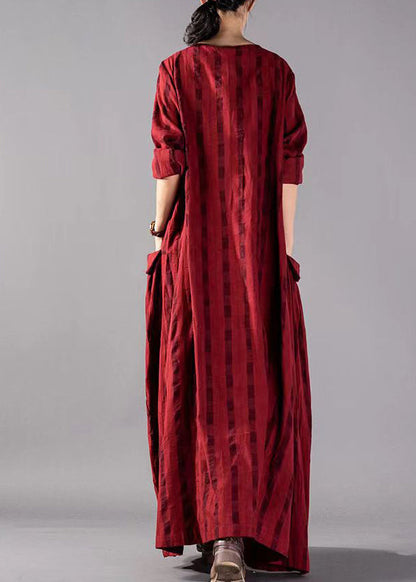 Khaki Geometry Big Pockets Linen Vacation Dresses Wrinkled Long Sleeve