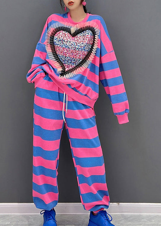 Red Blue Striped O-neck Bright Diamond Top and Pants Two Pieces Set Fall