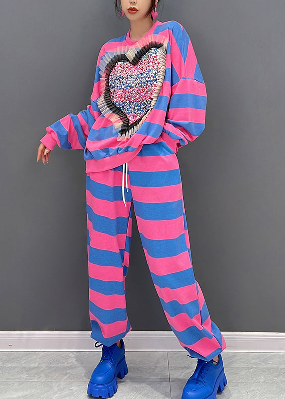 Red Blue Striped O-neck Bright Diamond Top and Pants Two Pieces Set Fall