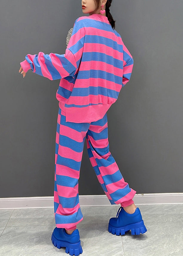 Red Blue Striped O-neck Bright Diamond Top and Pants Two Pieces Set Fall