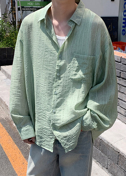 Red Button Pockets Cotton Mens Shirts Peter Pan Collar Spring