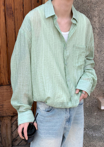 Red Button Pockets Cotton Mens Shirts Peter Pan Collar Spring