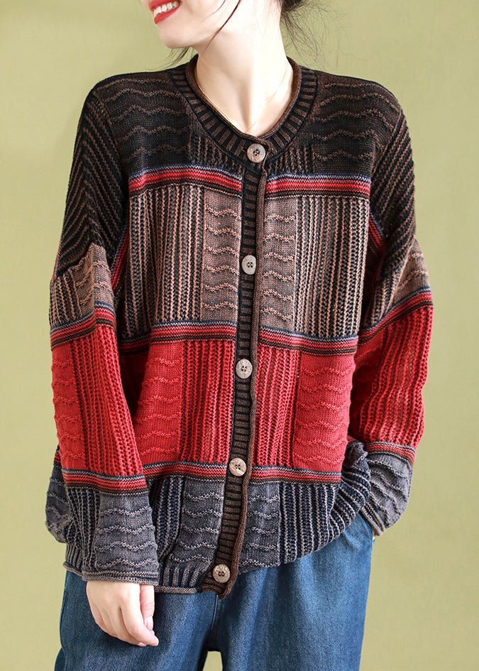 Red Patchwork Knit Cardigan O Neck Button Spring
