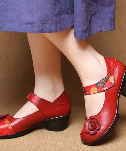 Red Chunky Heel Cowhide Leather Fitted Splicing