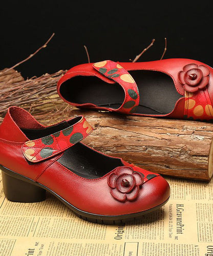 Red Chunky Heel Cowhide Leather Fitted Splicing