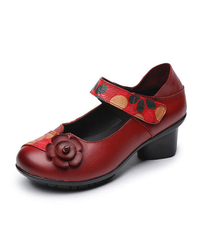 Red Chunky Heel Cowhide Leather Fitted Splicing