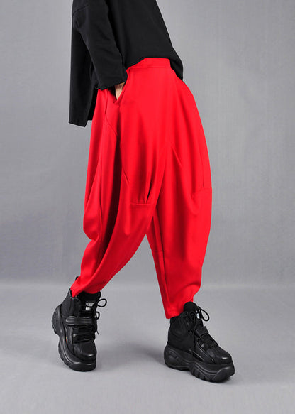 Red Cotton Harem Pants Oversized Wrinkled Spring