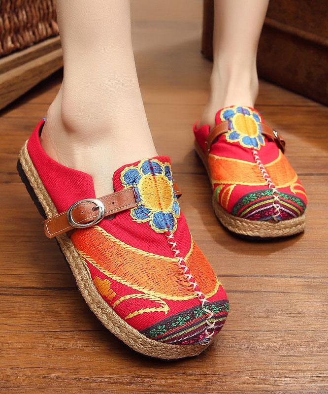 Red Cotton Linen Embroideried Fabric Buckle Strap Thong Sandals
