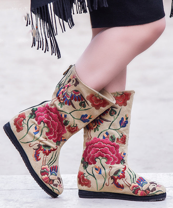 Red Cowgirl Boots Embroideried Zippered Comfy Cotton Fabric Knee Boots