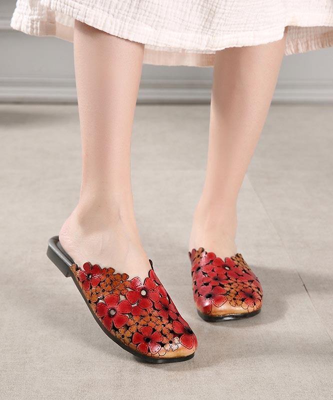 Red Cowhide Leather Hollow Out Slide Sandals