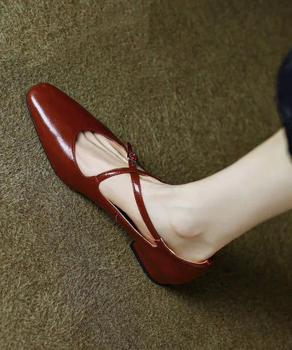 Red Cowhide Leather Cross Strap Splicing Flat Feet Shoes
