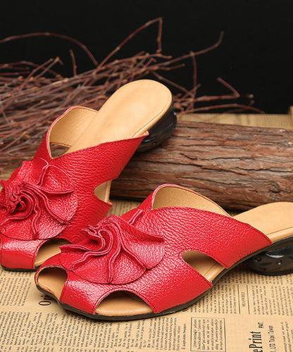 Red Cowhide Leather Splicing Chunky Slide Sandals