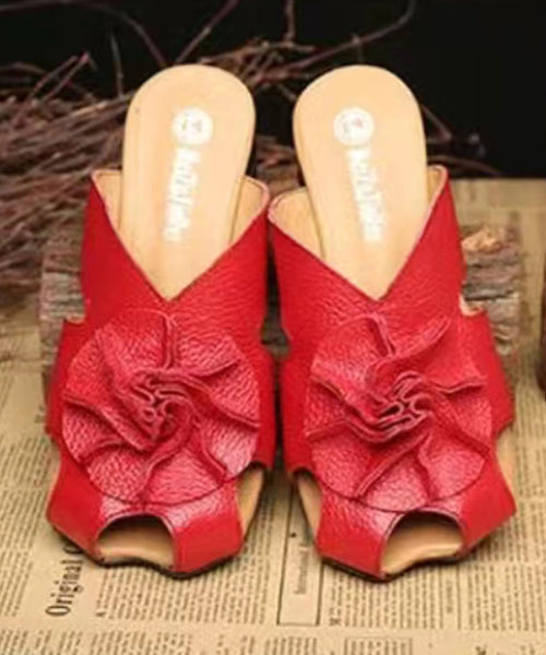 Red Cowhide Leather Splicing Chunky Slide Sandals