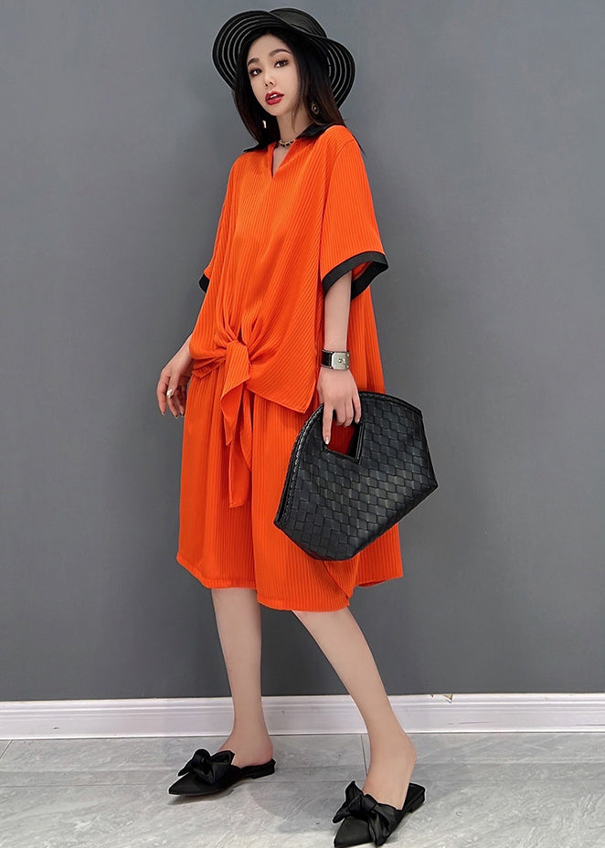 Red Draping Chiffon Long Shirt and Shorts Sets 2 Pieces Peter Pan Collar Side Open Summer
