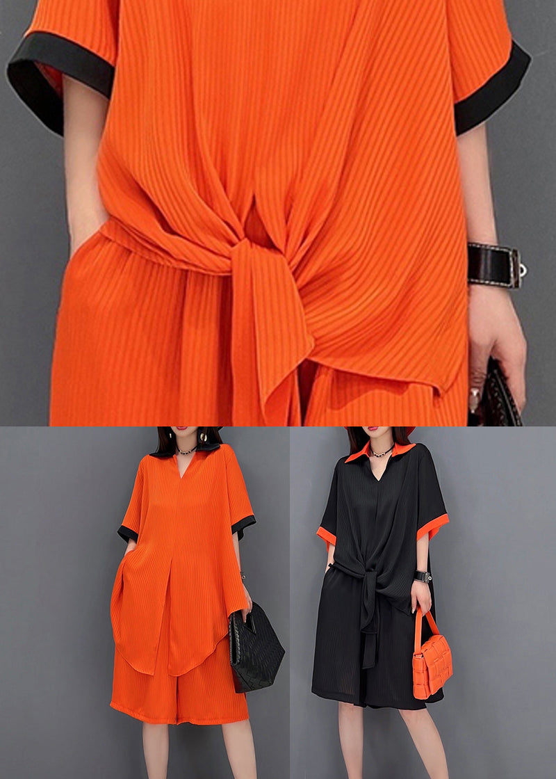 Red Draping Chiffon Long Shirt and Shorts Sets 2 Pieces Peter Pan Collar Side Open Summer
