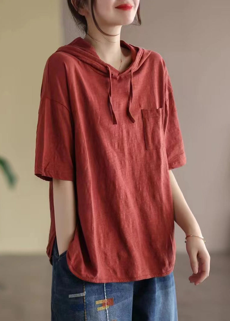 Red Drawstring Cotton Hooded T Shirt Summer