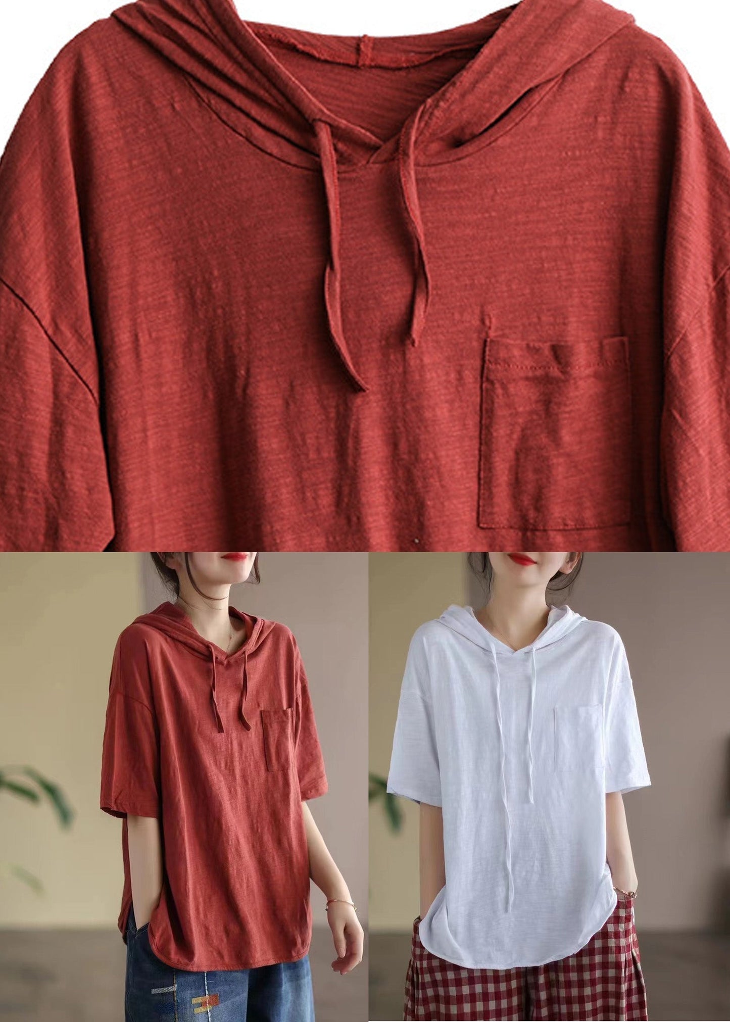 Red Drawstring Cotton Hooded T Shirt Summer