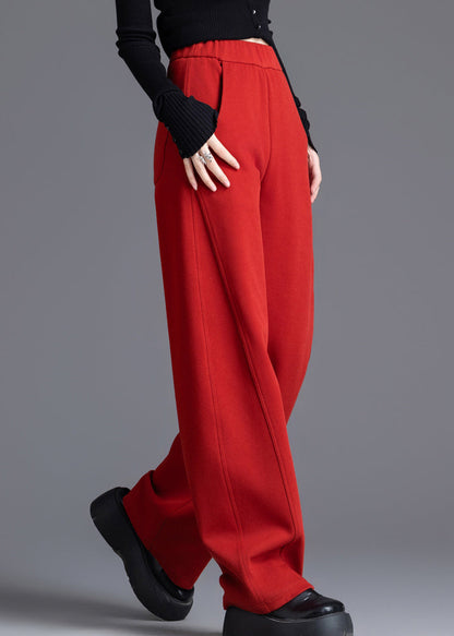 Red Elastic Waist Cotton Spring Pants Pockets