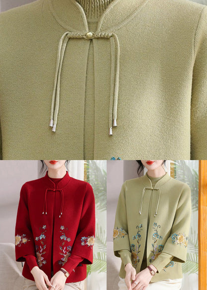 Red Embroidered Cotton Knit Cardigans and Sweater Two Pieces Set Spring