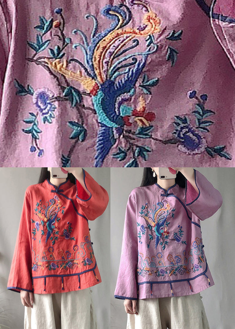 Red Embroideried Button Linen Top Long Sleeve