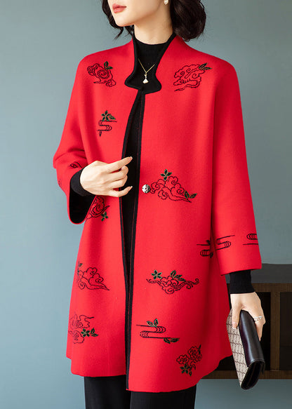 Red Embroideried Stand Collar Patchwork Wool Coats Stand Collar Long Sleeve